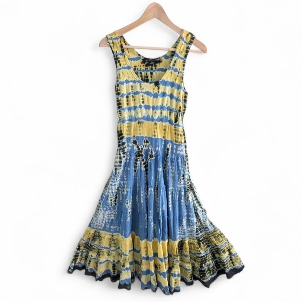 Double Decker Tie Dye Tiered Maxi Dress Blue Yellow Medium